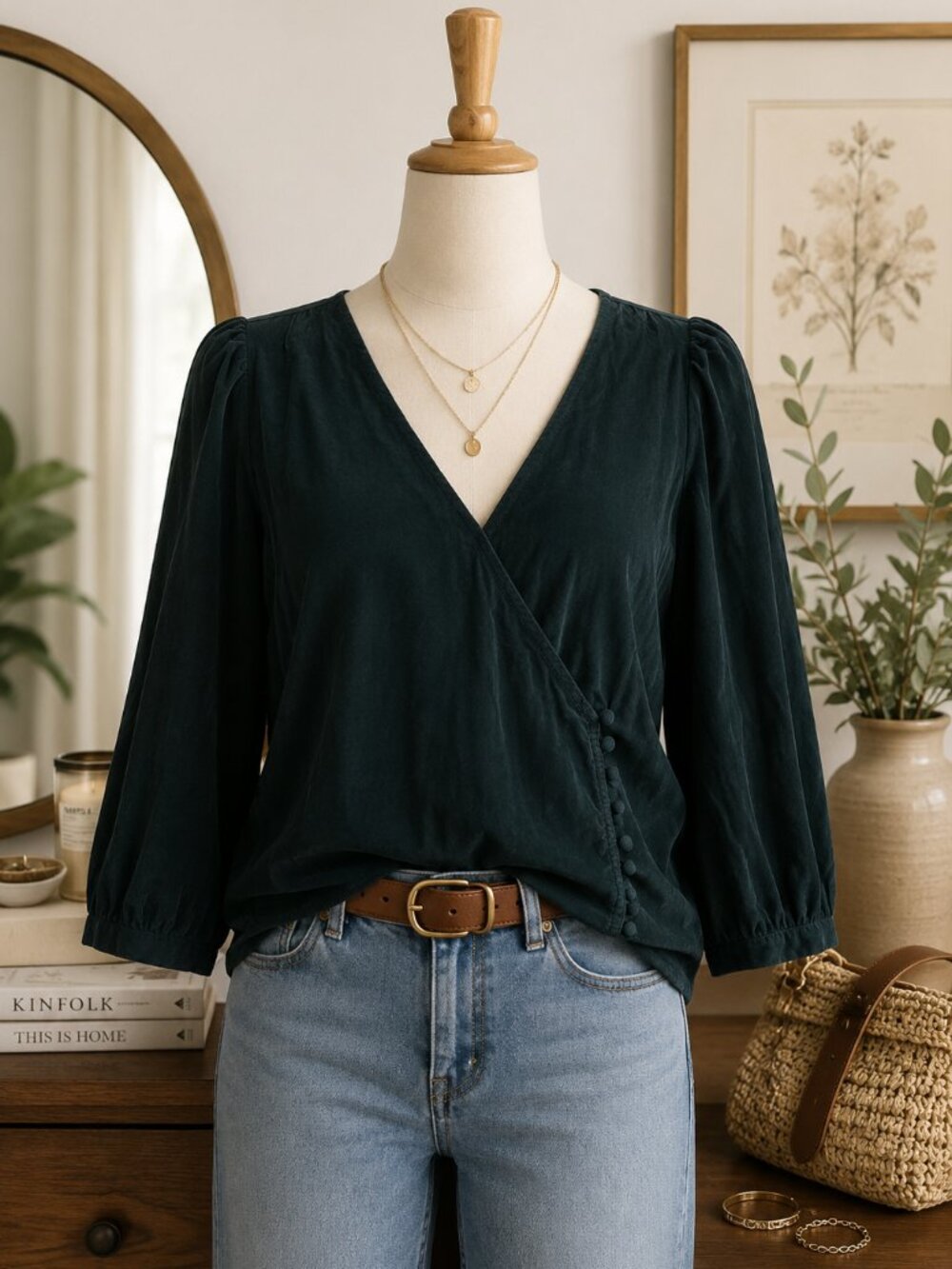Madewell Forest Green Wrap Corduroy Blouse Button Detail Top | Size S